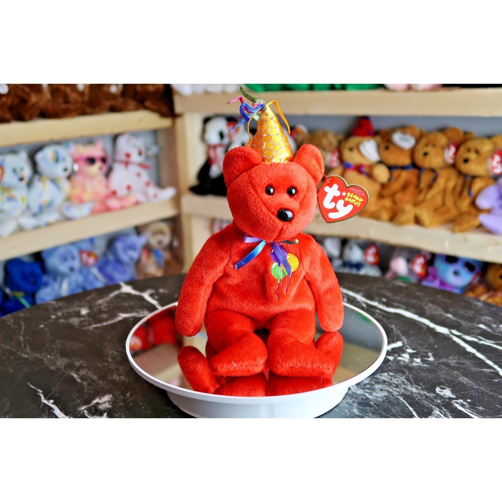 TY Beanie Baby - Happy Birthday Bear  (Red Wearing‎ Hat) | Tush Tag Wear
